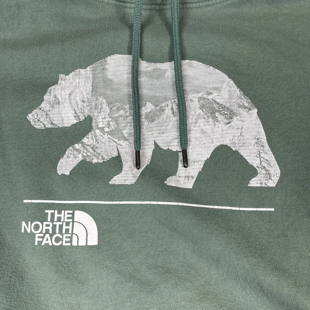 The North Face Graphic Pullover Hoodie Mens Lg Green Terry Grizzly Bear Mountain